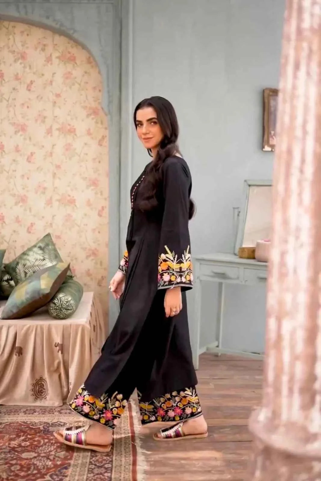 Black & Multi Embroidered Stitched 2pc