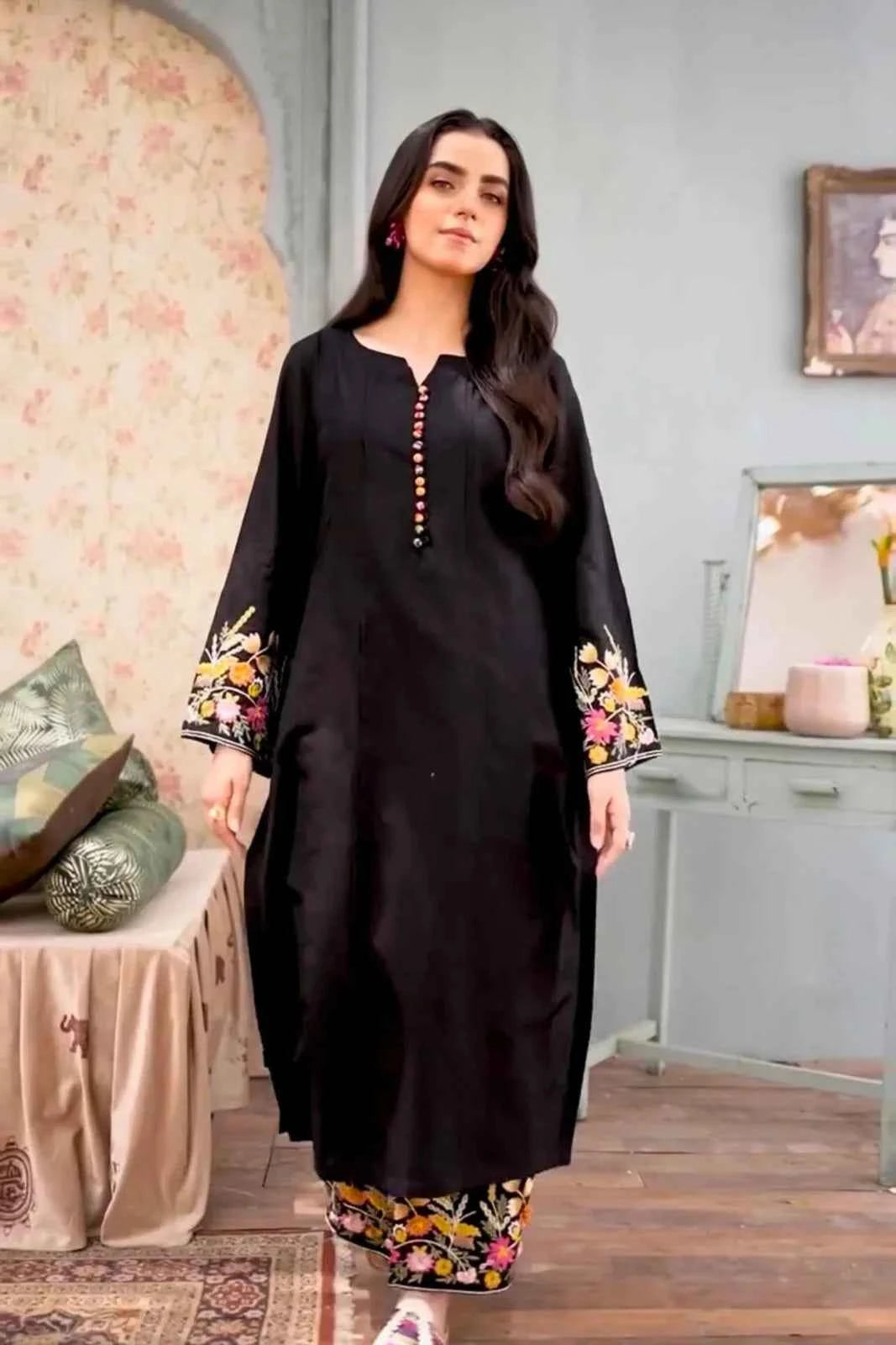 Black & Multi Embroidered Stitched 2pc