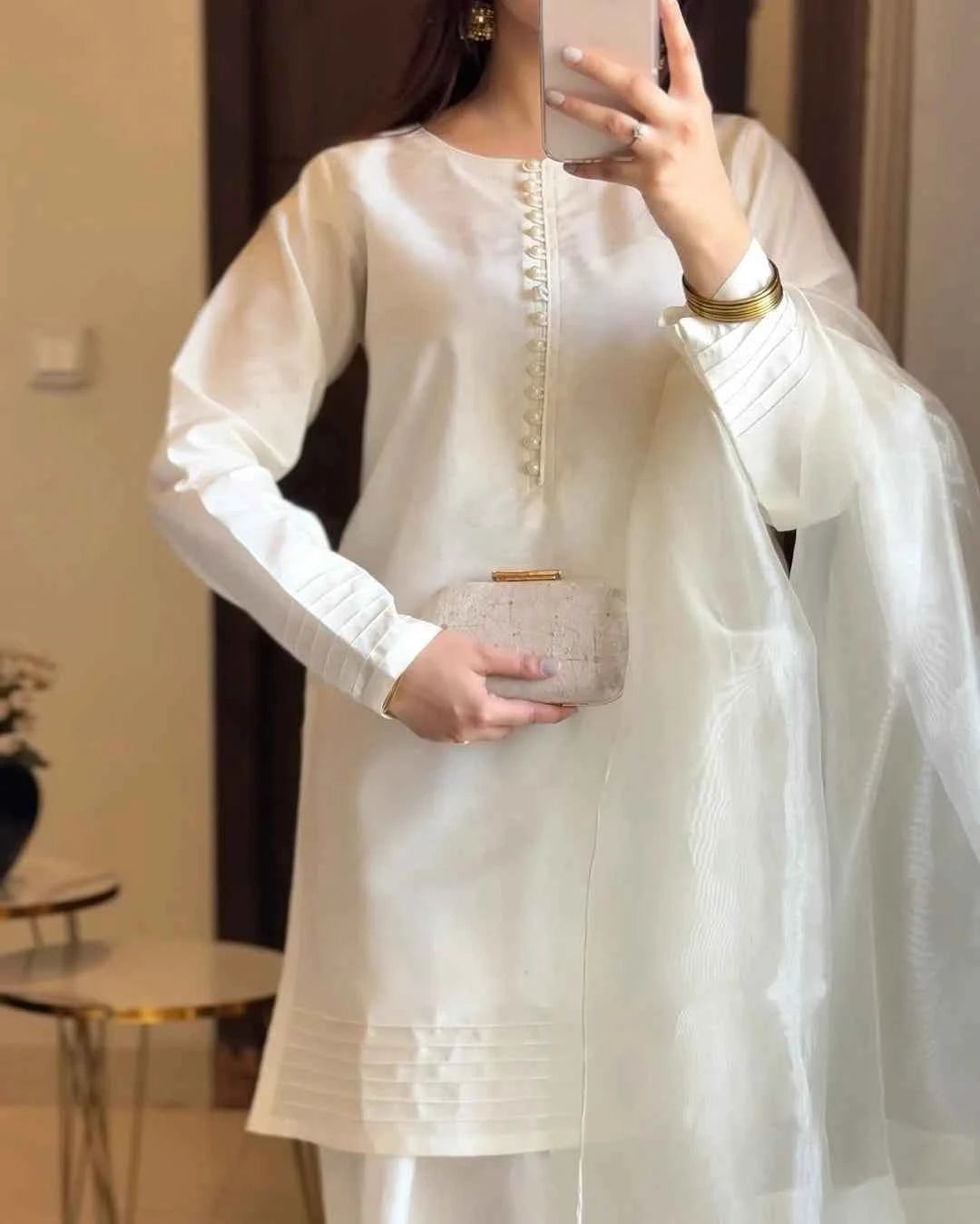 White Farshi Shalwar Set – 3PC Chamki Silk | Ready to Wear