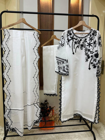 White Khaddi Net Embroidered 3 Piece Suit with Cutwork Dupatta & Silk Trouser